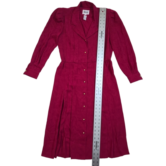 Vintage Leslie Fay Petite Dress 10 Red Fuchsia Pleat Button Down Long Sleeve - Picture 7 of 9